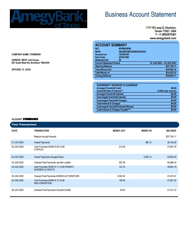 Amegy Corporation Relevé de compte de l'organisation bancaire Modèle Word et PDF